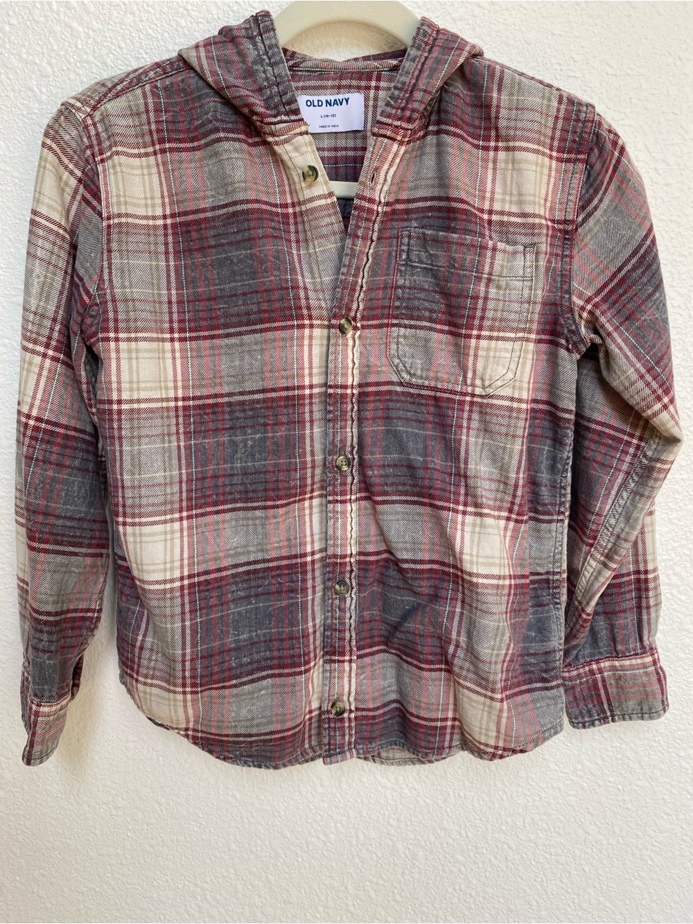 Old Navy Red and Gray Plaid Hooded Button-Down Shirt - Boy’s Large